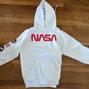 White NASA Hoodie with Red Detailing and Graphics down the sleeve